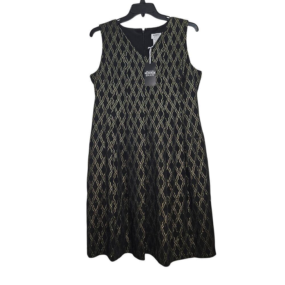 NWT! Black/Gold Sparkle Pleated Stretch A-Line Monroe & Main Midi Dress. Size 14